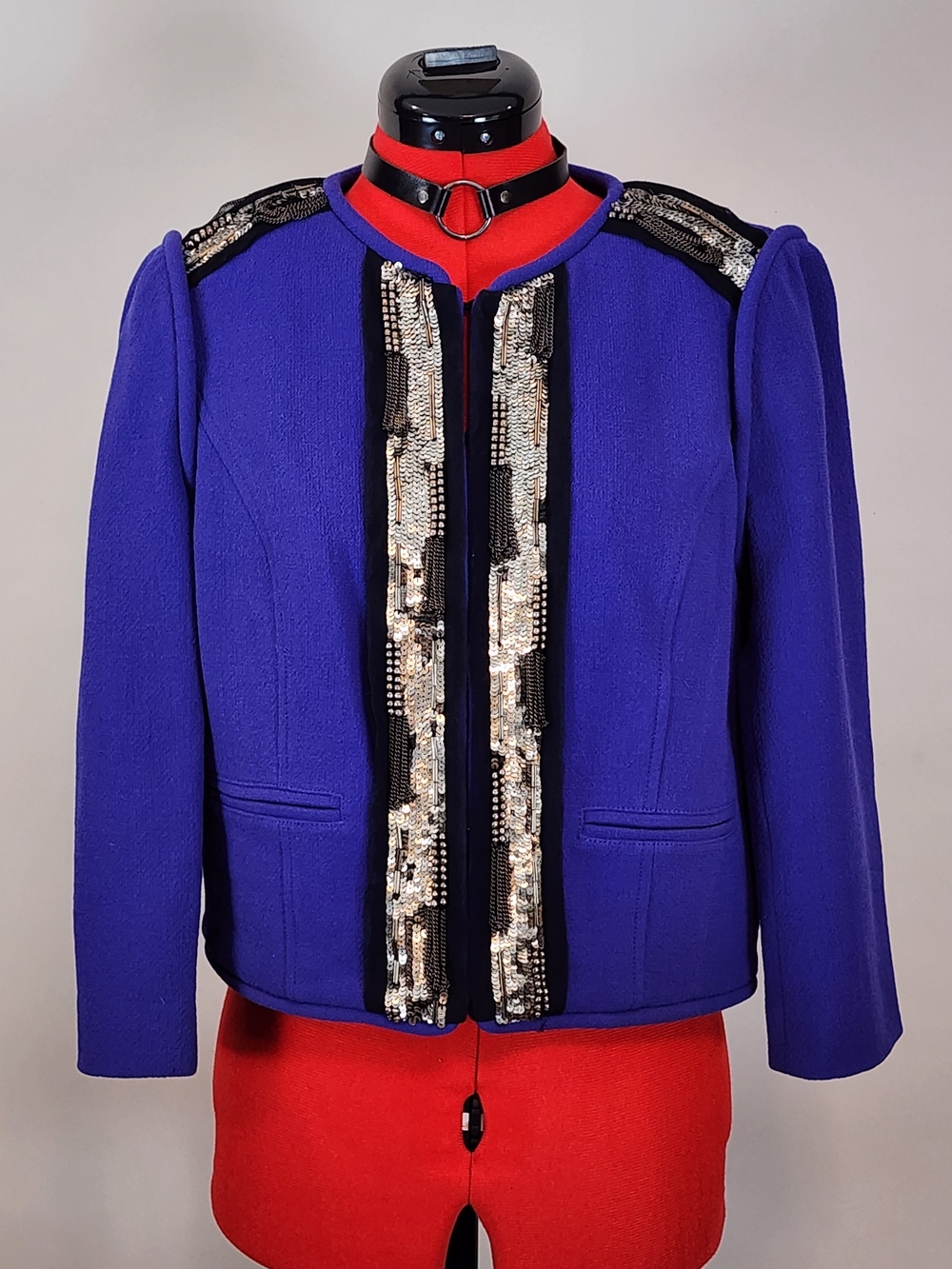 Tibi New York Royal Blue Virgin Wool Sequin Trim Jacket Blazer Size 8